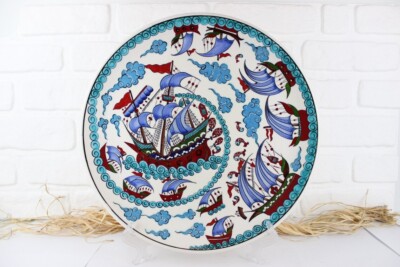 16'' Turkish Iznik Tile Ceramic Plate, Galleon Ship,  40 cm Wall Hanging Plate