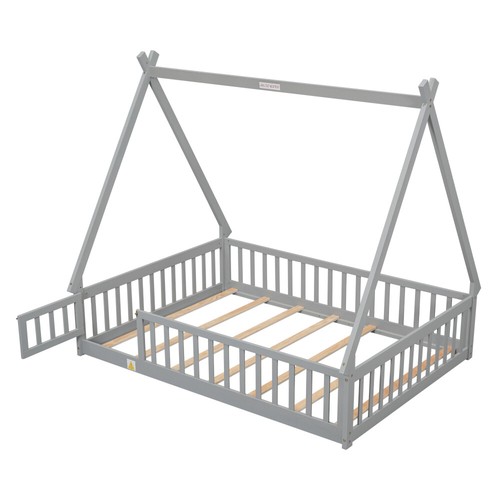 House Bed Tent Bed Frame Full Size Wood Floor Play Bed with Guardrails for Kids - Picture 23 of 27