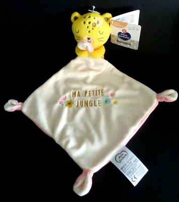 EB. DOUDOU MOTS D'ENFANTS MOUCHOIR Ma petite jungle jaune rose blanc fleur NEUF - Photo 1/4