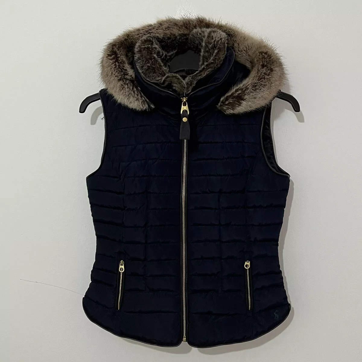 Joules Gilet Womens UK 10 12 Maybury Navy Blue Body Warmer Fur Hooded Ladies