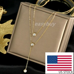 Authentic Woman 18K Gold Plated Double Layers CZ Necklace Chain