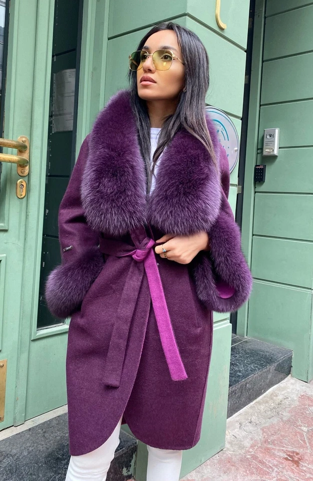 100% Alpaca Women's Winter Coat Real Fox Fur Long Overcoat Stylish Dark Purple - Image 3 of 3