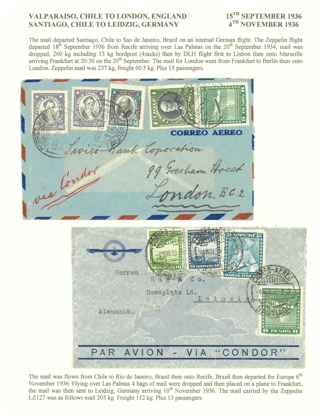 SAVOYSTAMPS - CHILE 1936 - 2 COVERS TO ENGLAND & GERMANY VIA CONDOR