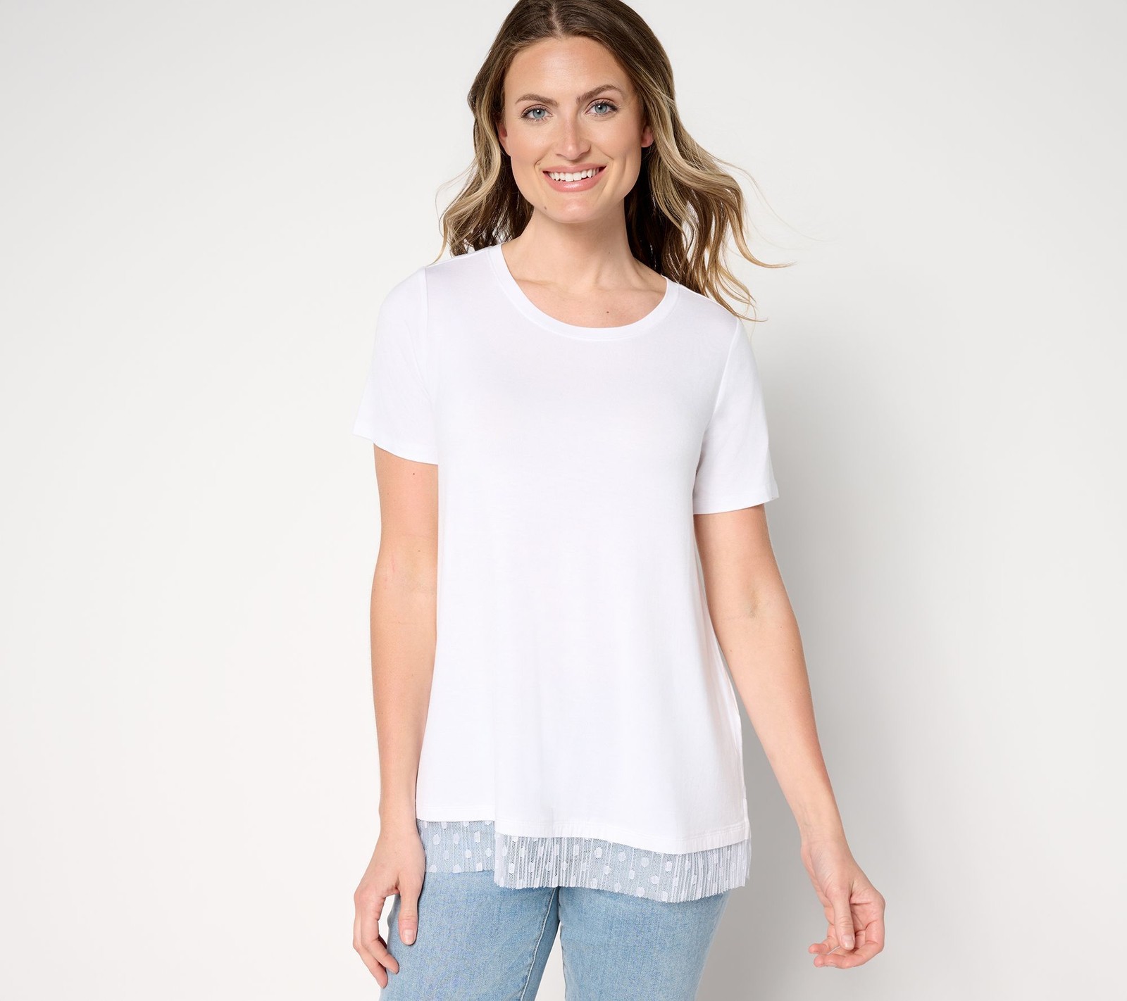 Fashion Women's Top Sz S Short Sleeve Tee Mesh Hem White A692530