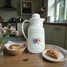 Retro Large Plastic Insulated Carafe with Lid White with Flowers - Neat!