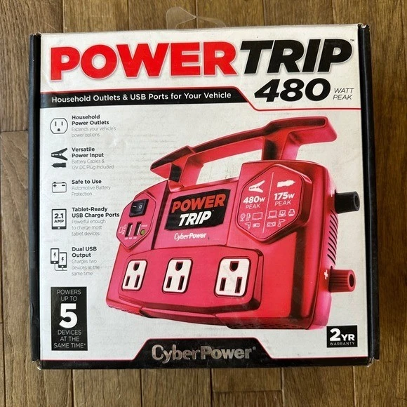 CyberPower NIB PowerTrip 480 Watt Peak AC Mobile Power Inverter 3 Outlets 2 USB - Image 2 of 4