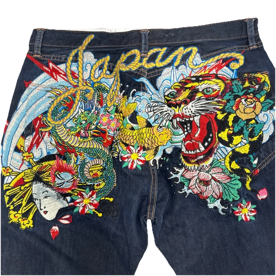 Ed Hardy Japan Dragon Tiger Embroidered Jeans 38x34 Denim by Christian Audigier - Image 3 of 4