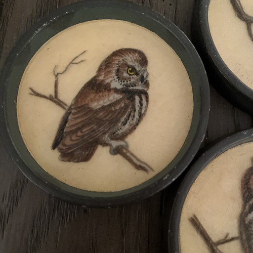 Set of 5 Vintage Rare Metal & Fiberglass Hand Painted Owl Coasters 3.5 in. - Picture 2 of 9