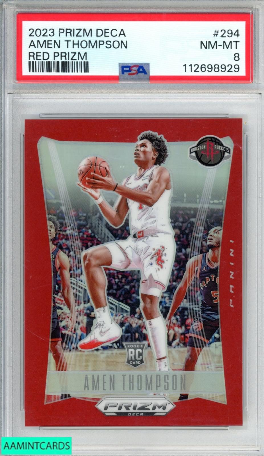 2023 PANINI PRIZM DECA AMEN THOMPSON #294 RED PRIZM 63 OF 199 ROOKIE RC PSA 8