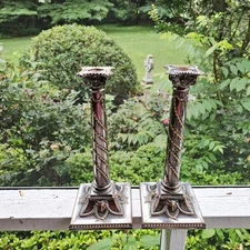 ANTIQUE OLD SHEFFIELD SILVERPLATED RAMS HEAD RIBBON DECOR COLUM CANDLESTICKS 12"