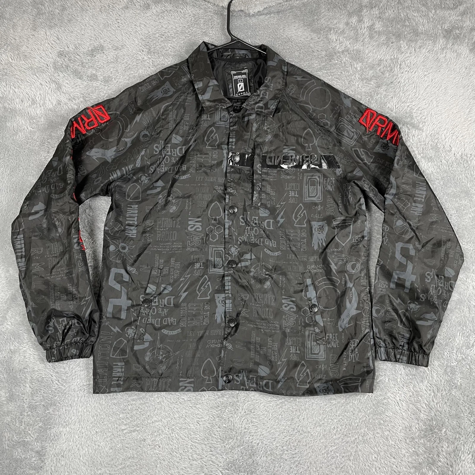 Dreamland Jacket Mens Large Black Gray Graphic Coach Windbreaker Streetwear