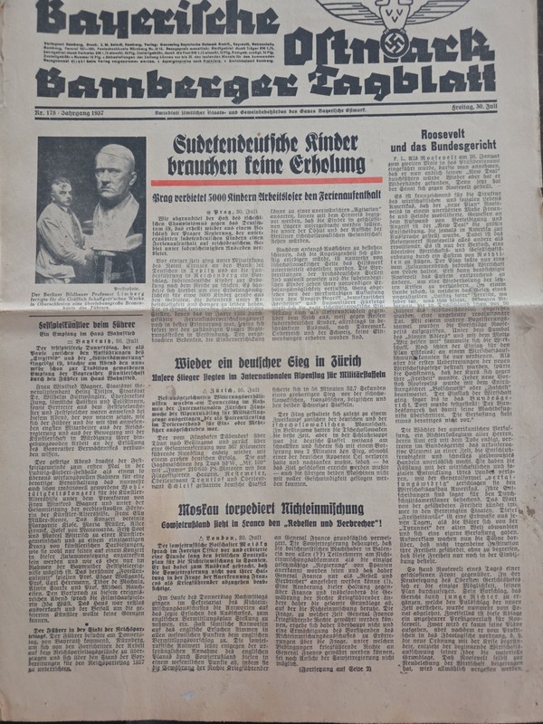 Original 1937 Nazi Germany Newspaper Bayerische Ostmark July 30 Complete 8 Pg