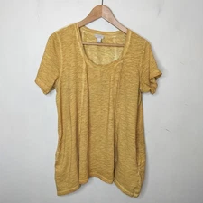LOGO Lori Goldstein Short Sleeve Tunic w/ Pockets L Large Mustard Cotton