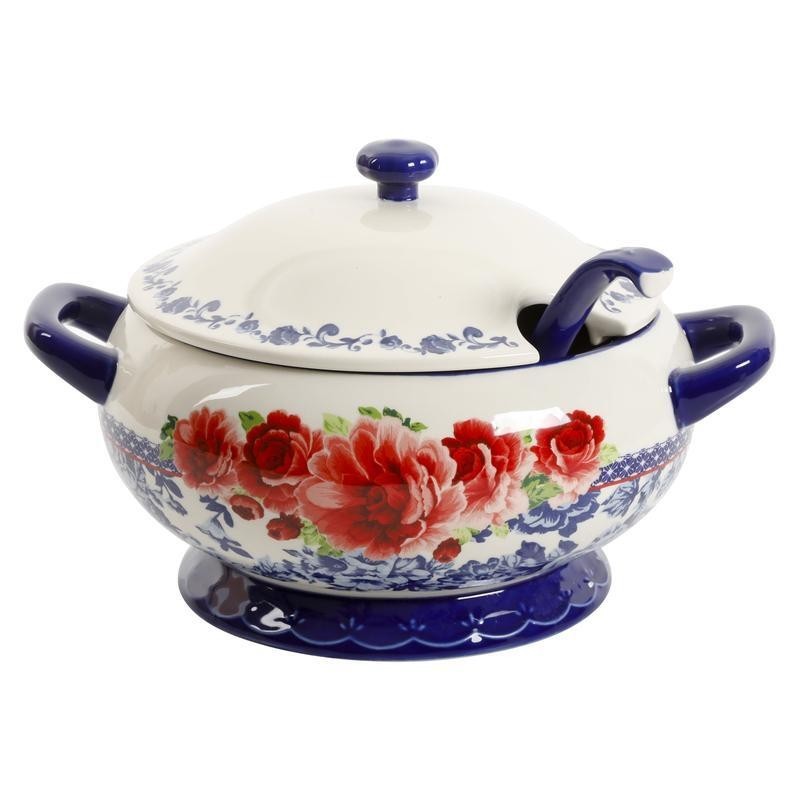 Ceramic Soup Tureen W/ Ladle Vintage Floral Design Food Safe Serving Dish Blue