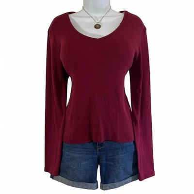Y2K Vintage Newport News Easy Style Shirt XL Long Sleeve V-Neck Burgundy Ribbed