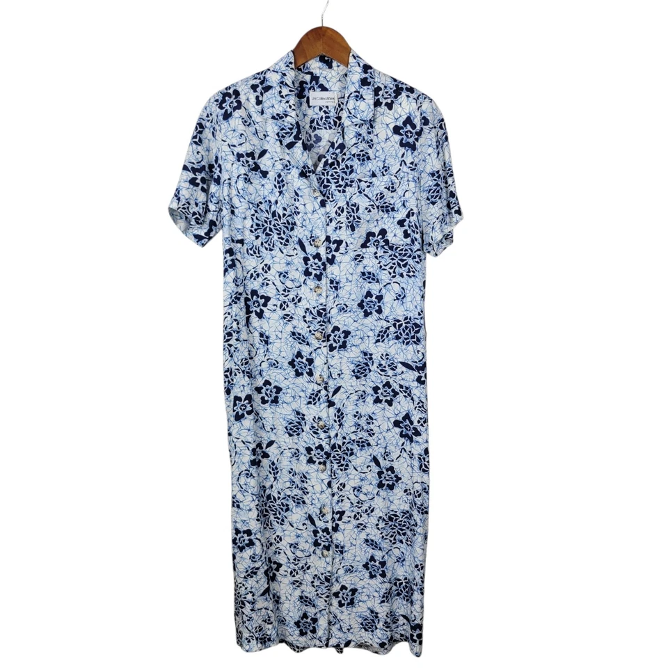 Vestido Camisa Hawaiano Tropical Vintage Talla 2 Funda Floral Azul Botón Frontal Foto 2 de 4