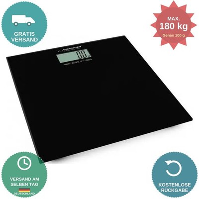 Personenwaage Esperanza AEROBIC 180kg Glas LCD Körperwaage Schwarz EBS002K