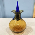 Blenko Crackle Topaz / Cobalt Swirl Hand Blown 6.75” Glass Decanter Vase 8318