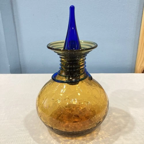 Blenko Crackle Topaz / Cobalt Swirl Hand Blown 6.75” Glass Decanter Vase 8318