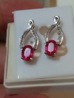 NATURAL GEM TESTED HEATED BLOOD RED RUBY 3.30 CT 925 S. 14K WHITE GOLD EARRINGS — photo 4