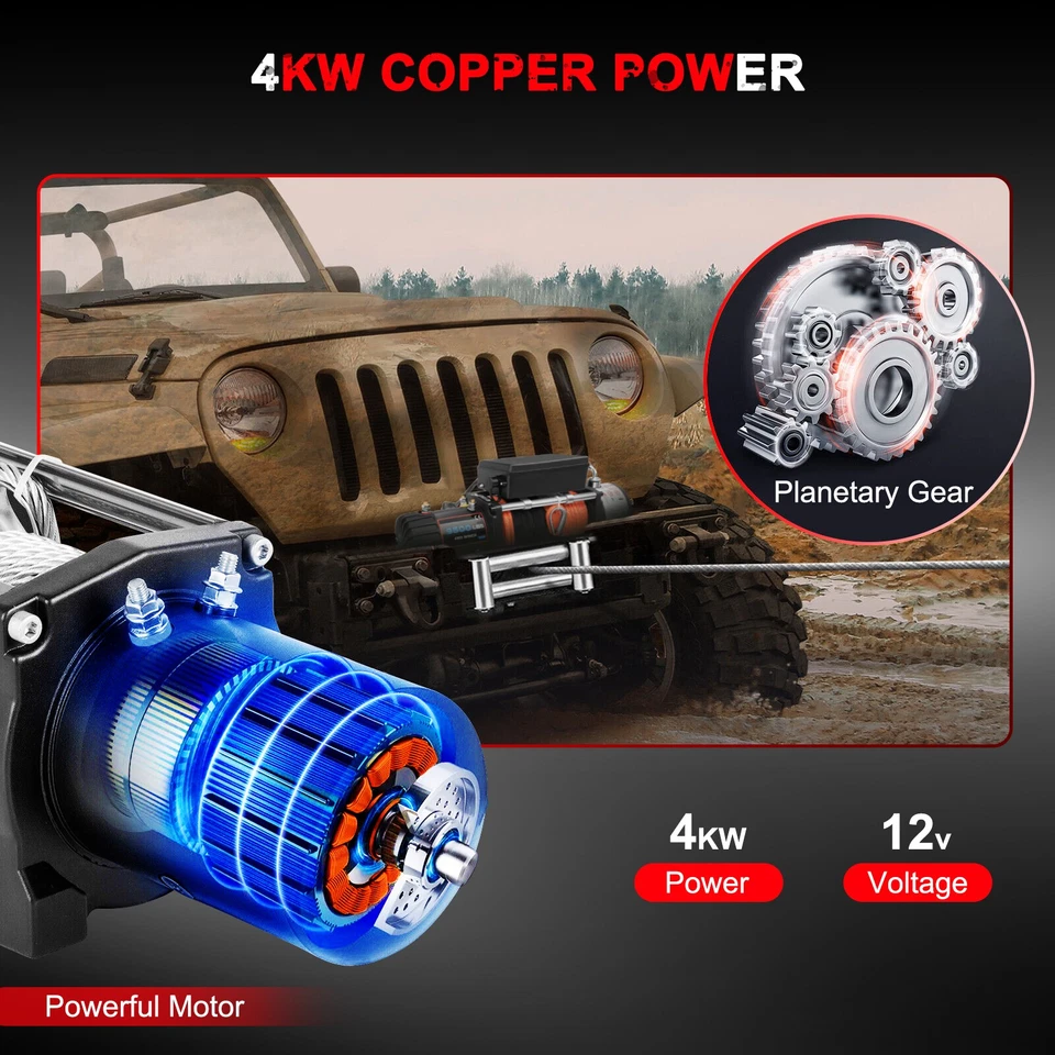 12V 9500LBS Electric Winch Tow Trailer Synthetic Rope Off Road for JEEP Wrangler Foto 3 de 4