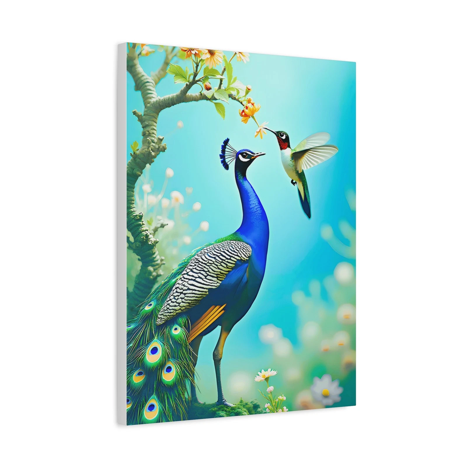 Colorful Peacock and Hummingbird Floral Tree Canvas Picture Wall Art
