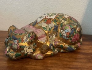 Vintage Chinese Porcelain Famille Rose Sleeping Cat Sculpture - 9.5"