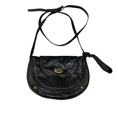 Topshop Women Black Leather Mini Crossbody Purse Brass Hardware