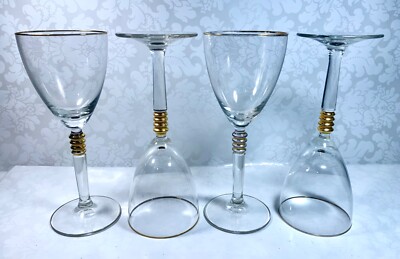 Set of 4 Qualia Helix Gold Crystal Wine Goblets Gold Rims & Stem Accent Rings