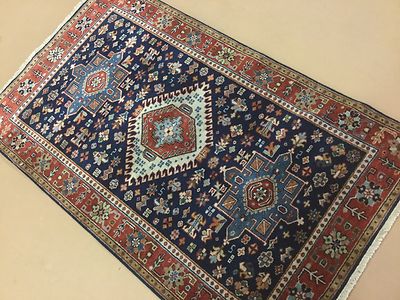 3'.0'' X 5'.0'' Navy Blue Rust Fine Geometric Oriental Area Rug Hand Knotted Wool