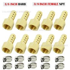 (10 Pack) 3/8" Hose Barb X 3/8" FEMALE NPT Brass Pipe Fitting NPT Thread + Clamp