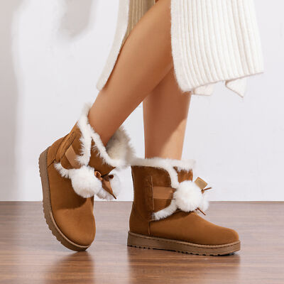 Women's Fur-Lined Suede Boots with Pom-Pom Accents Combining