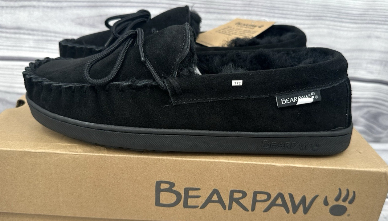BEARPAW MOC II WIDE SUEDE SLIPPERS   Men's Size 10 Wide   BLACK   NEW IN BOX!!