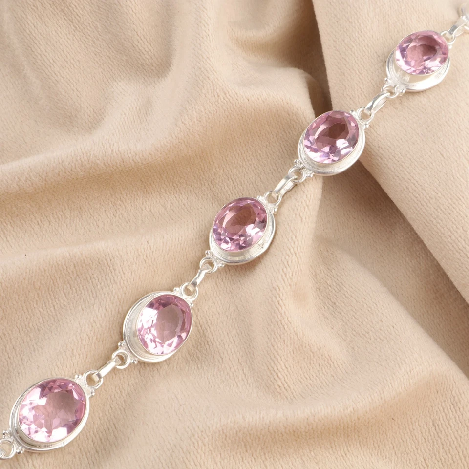 Pulsera de cadena de piedras preciosas de morganita natural joyería de plata de ley 925 para niñas Foto 4 de 4