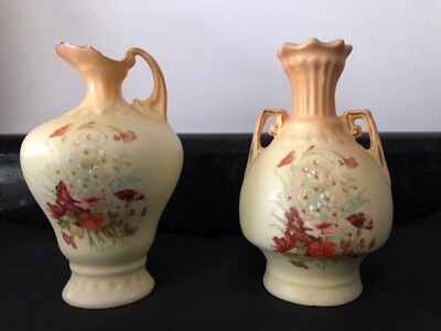 Vintage Antique Matching Bud Vase Ewer Floral Hand Painted Set of 2