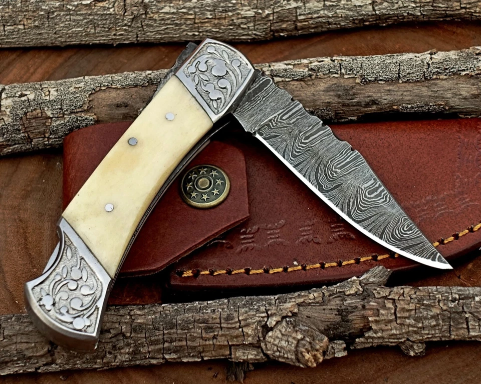 Cuchillo de bolsillo plegable con bloqueo trasero hecho a mano Damasco camping caza cuchillo bolsa Foto 2 de 4