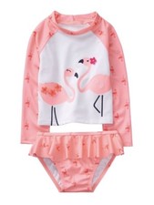 NWT Gymboree Girl Swim Shop White Flamingo Rash Guard Swimsuit Set 2T 3T