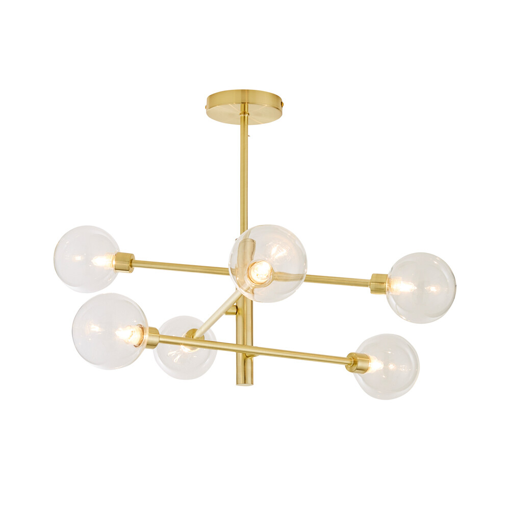 Litecraft Supa Ceiling Light Stick Semi Flush With Clear Glass Shades - Brass