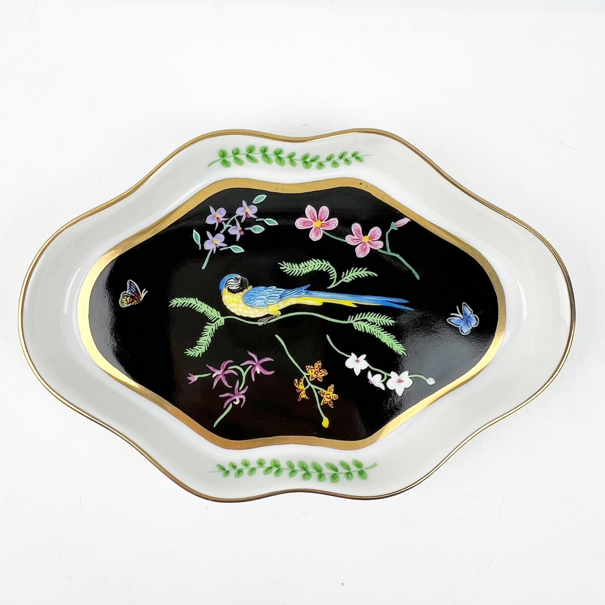 Lynn Chase 80's Safari Jaguar Jungle Exotic Bird Leaf Trinket Dish