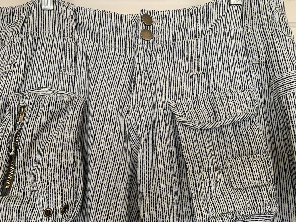 🦋 Pantalones cargo Johnny Was Pete & Greta azul marino y crema a rayas de algodón cintura 34 nuevos sin etiquetas Foto 2 de 4