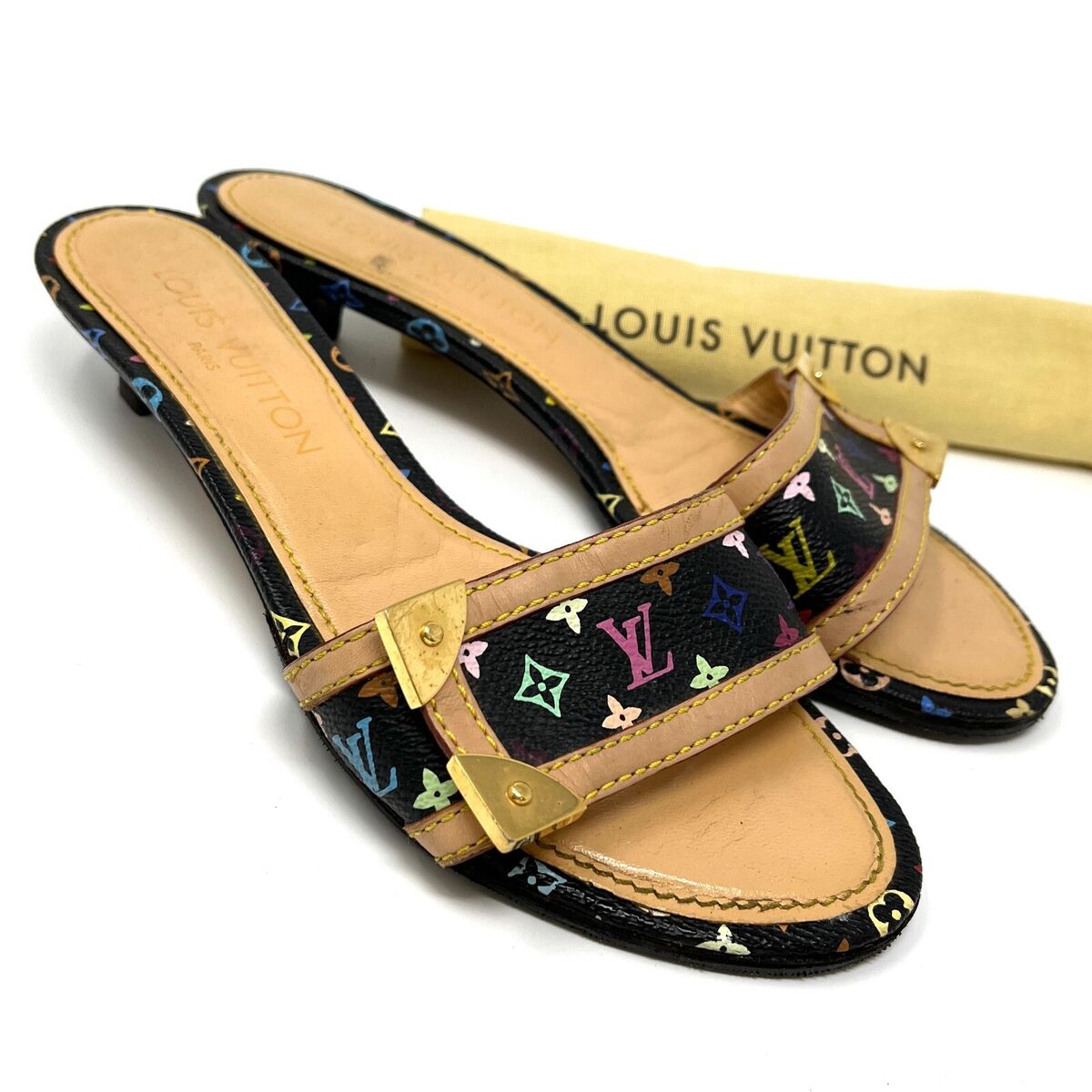 LOUIS VUITTON Monogram Multicolor Sandals Heels #36 US 6 White Leather  RankAB