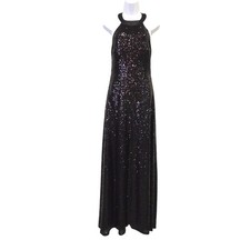 B. Darlin Black Sparkly Sequin Prom Dress Halter Open Back Slit Formal Gown 9/10