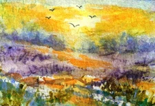 ACEO, ORIGINAL watercolor painting, "MORNING VISITORS"   landscape by JANET LEO