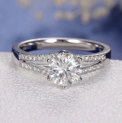 2.30 CT Round Cut Split Shank Moissanite Engagement Ring 14K White Gold Plated