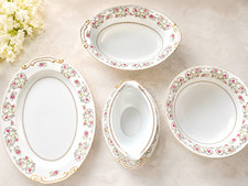 Regal China Minuet Japan 4 Pc Serving Set Platter Bowls Gravy Boat Gold Trim Regal China Minuet Japan 4 Pc Serving Set Platter Bowls Gravy Boat Gold Trim