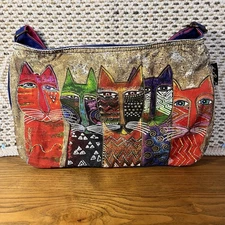 Laurel Burch Sun n' Sand Long Neck Cats Colorful Satchel Bag Boho Whimsical
