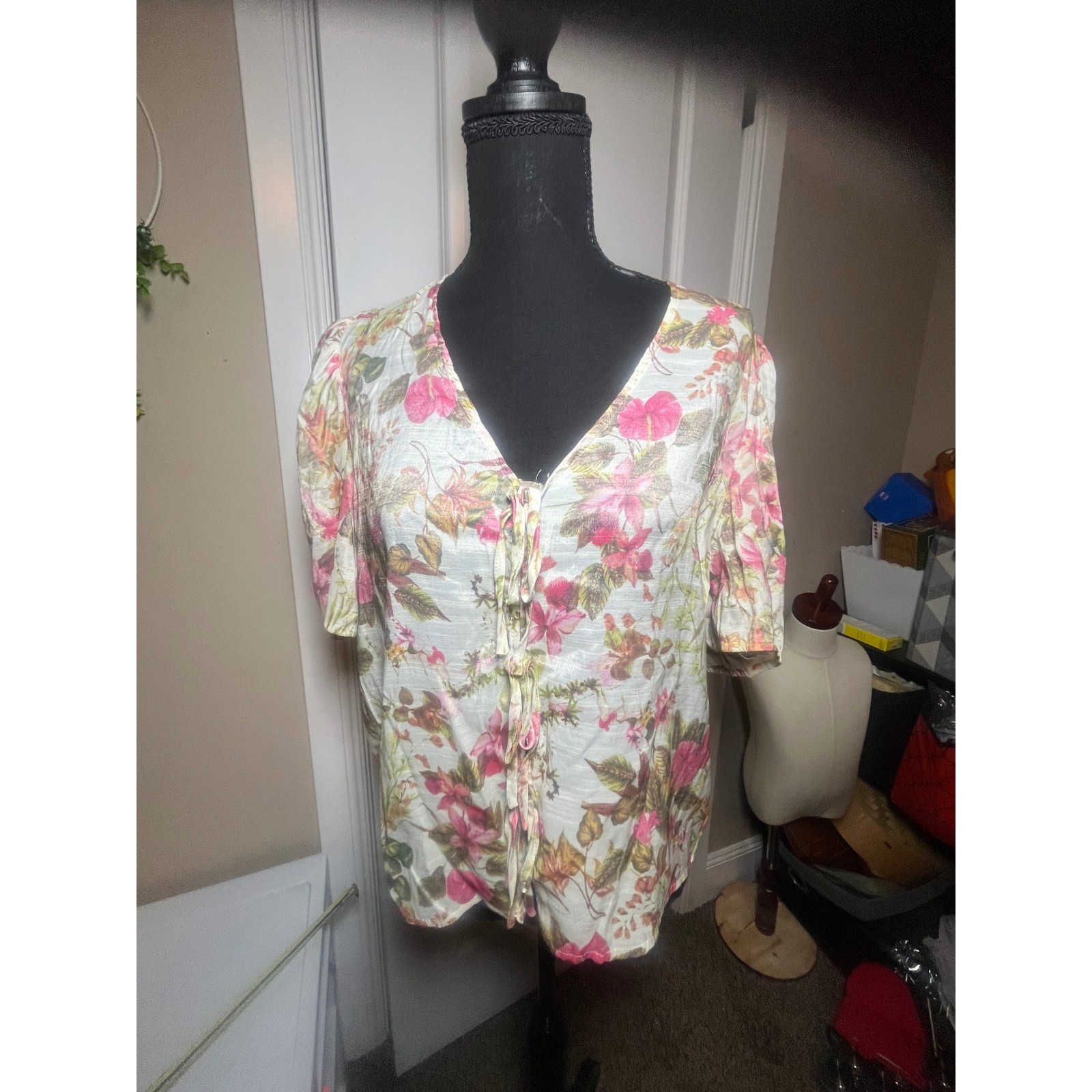 Rose Olive Floral Print Tie Front Puff Sleeve Blouse Women's Size L