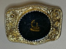 Vintage Western Belt Buckle Gold Tone Floral Black Inlay Mexican Dancer Cabochon
