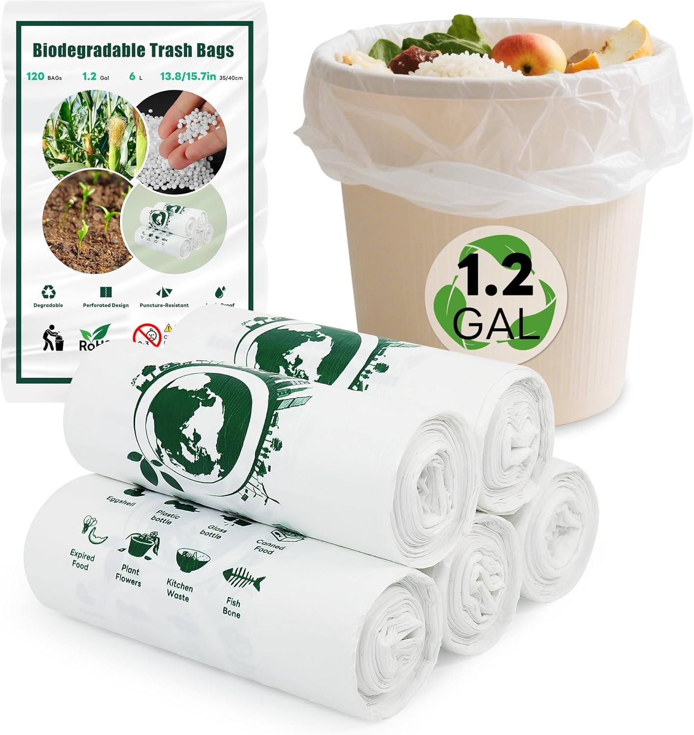 Biodegradable Food Waste Bags - 120PCS 6 Litre Bin Liner Small, 100% Recycled,