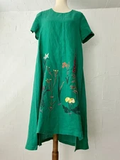 Women’s M Linen/Cotton Green Langelook Cottagecore Floral Embroidery, Pockets